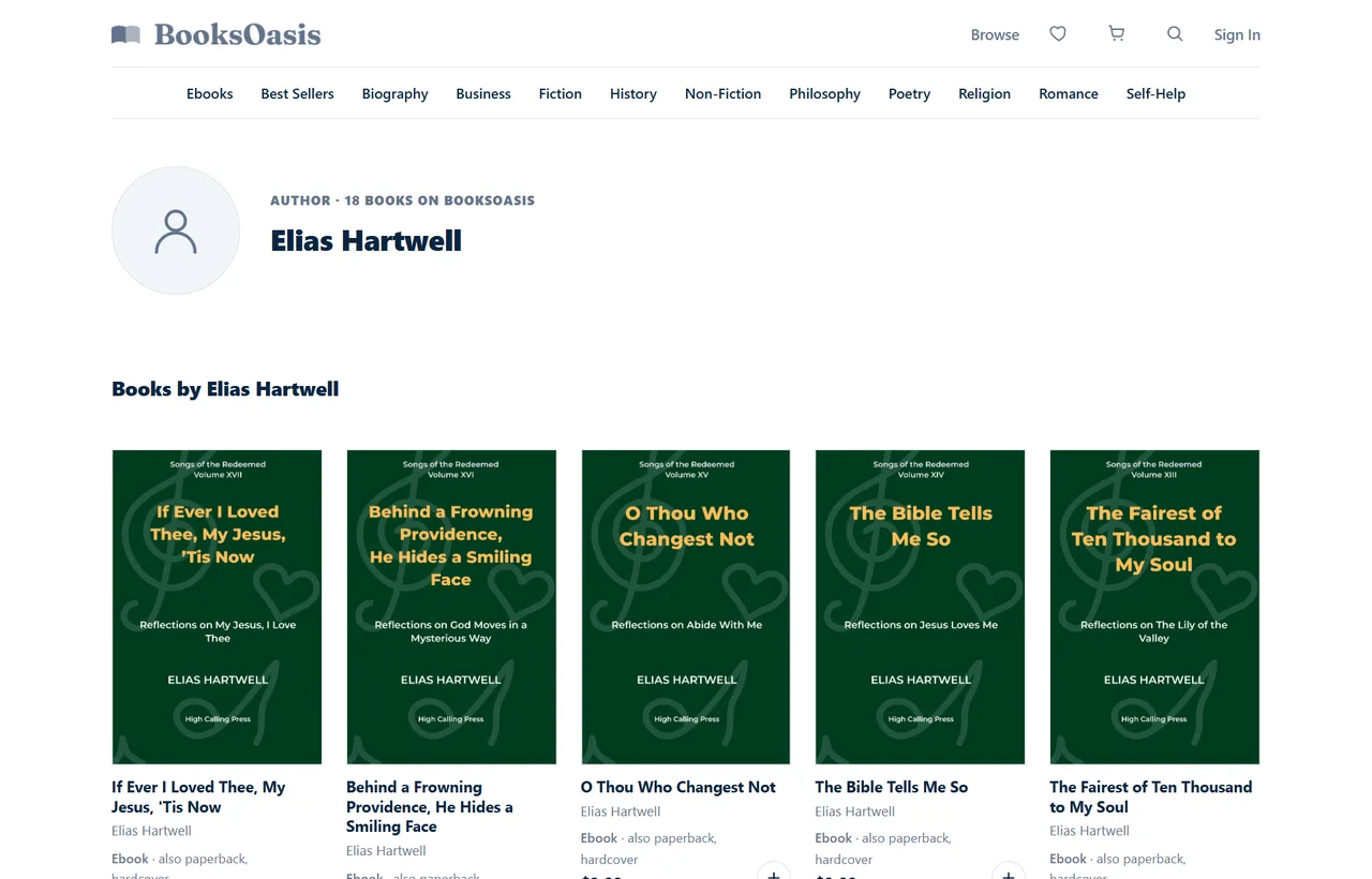 A BooksOasis author page for Elias Hartwell showing 18 books with covers, formats and prices
