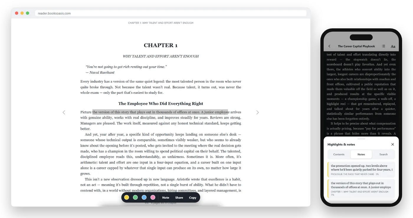 Selected text with the highlight toolbar on a computer, and the Highlights and notes list on a phone